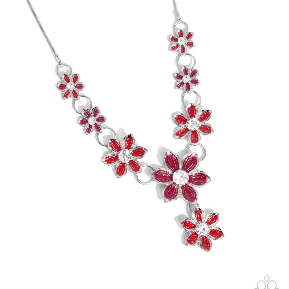 Paparazzi Red and Silver Floral Necklace with Asymmetrical Design